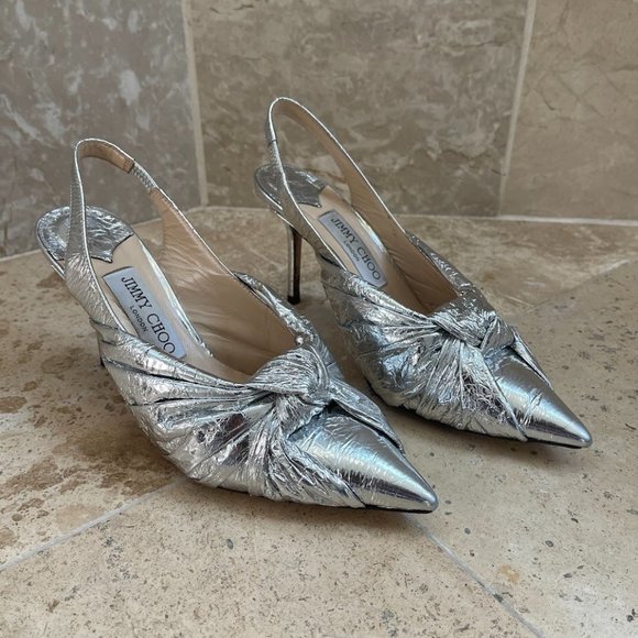 Jimmy Choo Shoes - JIMMY CHOO Annabelle 85 Knotted Silver Leather Pumps